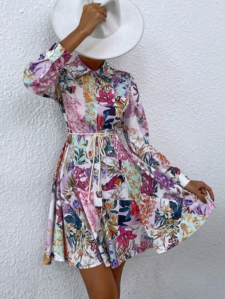 

floral & bird print belted shirt dress c5xi#, Black;gray