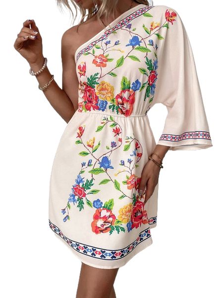 

floral print one shoulder dress h7ru#, Black;gray