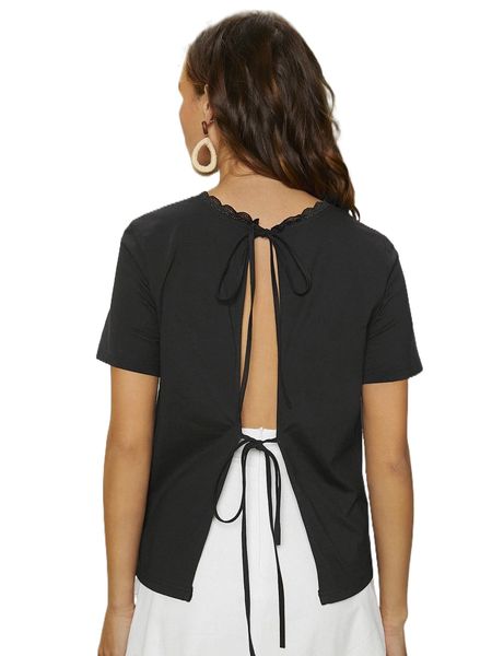 

tie back contrast lace scallop trim tee m5w8#, White