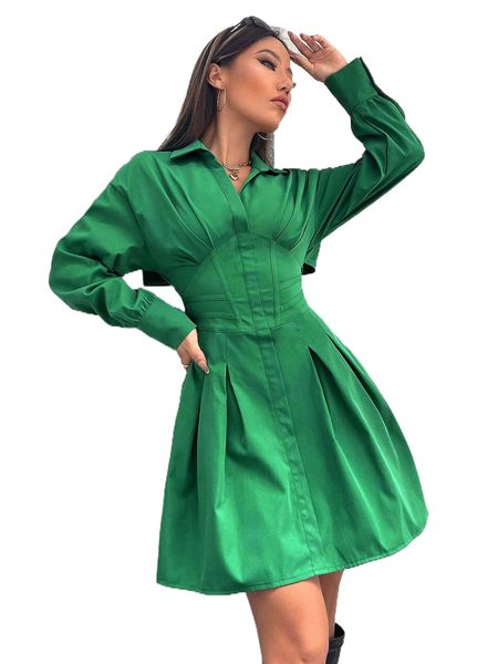 

drop shoulder lace up back fold pleated shirt dress u8y8#, Black;gray