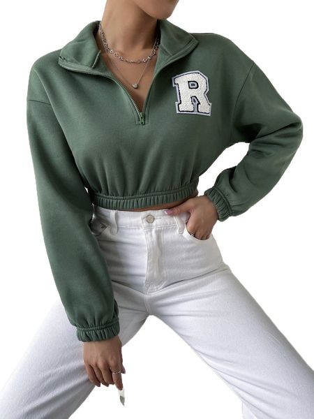 

letter patched drop shoulder half zip thermal sweatshirt q4da#, Black