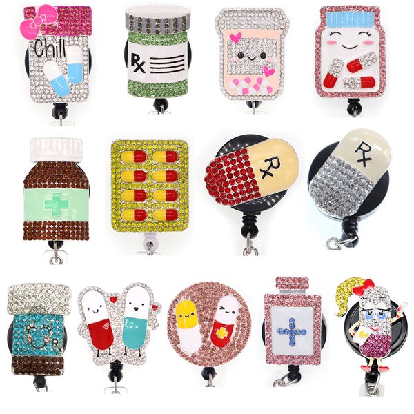 Moda Key Rings Crystal Rhinestone Medical RX farmácia Medicina Medicine Bange Id ID do suporte retrátil para decoração