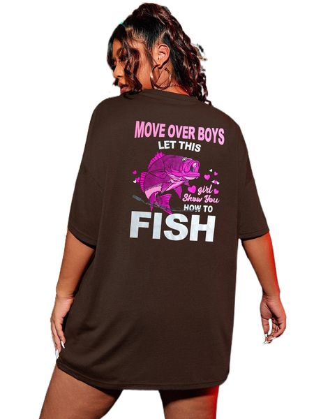 

plus fish & slogan graphic drop shoulder tee t0ar#, Black