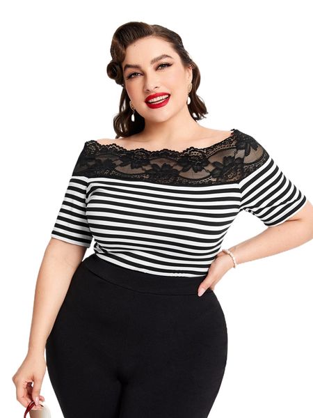 

plus striped contrast lace off shoulder tee e9zs#, Black