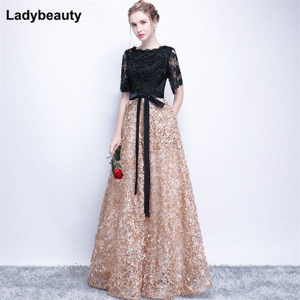 Ladybeauty vintage preto aline renda de renda longa vestidos de noite de meia manga misced scoop pescoço longa vestido de noite vestido de baile de noite 201114