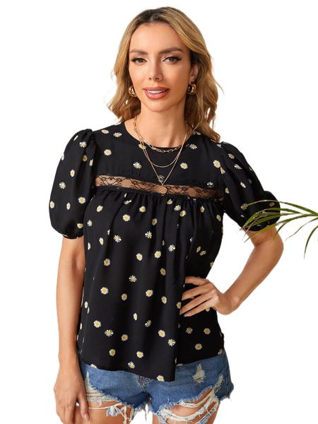 

floral print puff sleeve blouse f0ze#, White