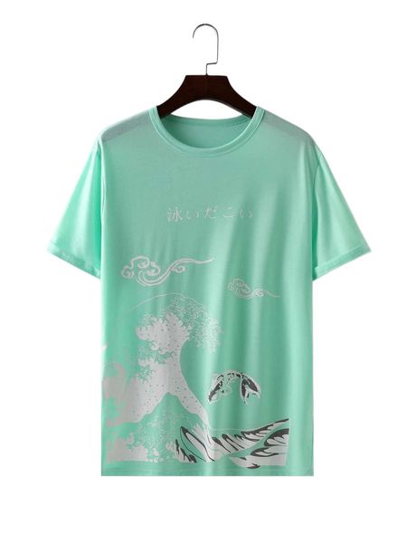 

men japanese letter & wave print tee i3xi#, White;black