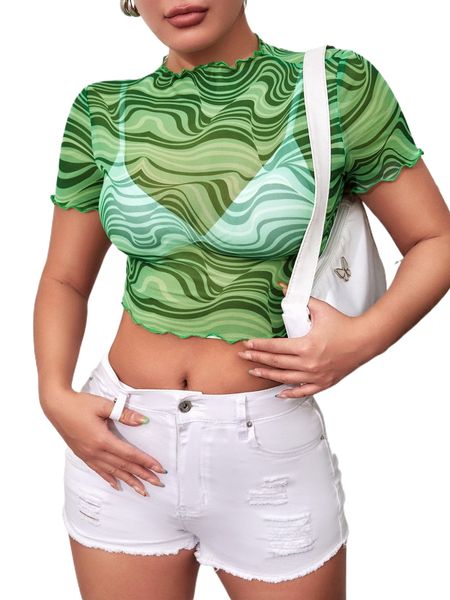 

petite allover print lettuce trim sheer crop without bra 58sq#, White