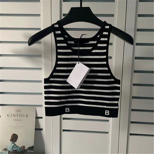 

summer stripe letter knits vest ladies suspender knit tees with tags knitted sleeveless shirt, White