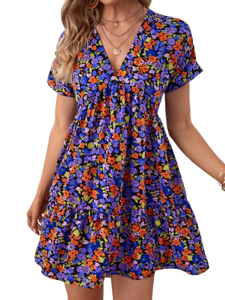 

allover floral print dolman sleeve ruffle hem dress m47h#, Black;gray