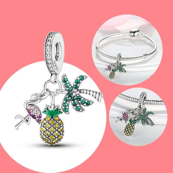 925 Sterling Silver Pingente Charms para Pandora Caixa Original Pink Flamingo Palmagem Tree Tree Pineapple Charms de contas europeias Colar de pulseira