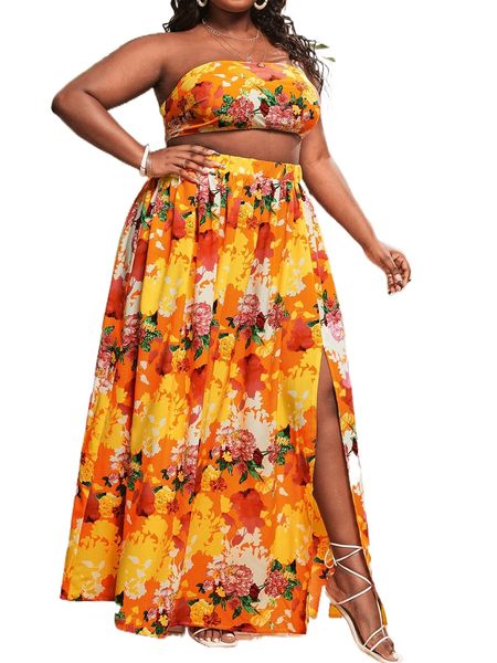 

sxy plus floral crop tube & slit skirt s5bc#, Black