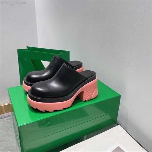 

2021 designer sandals slides designers heels sandal chunky non-slip wear-resistant heel half drag loafers colorful soles round head pu hight, Black