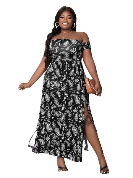 

sxy plus paisley split thigh dress a1n2#, Black