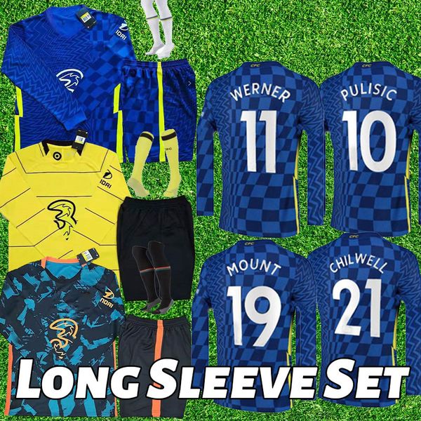 

long sleeve cfc 2021 2022 pulisic soccer jersey 21 22 ziyech havertz kante werner abraham chilwell mount jorginho lukaku football shirt men, Black;yellow