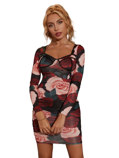 

floral print sweetheart neck bodycon dress 25o2#, Black;gray