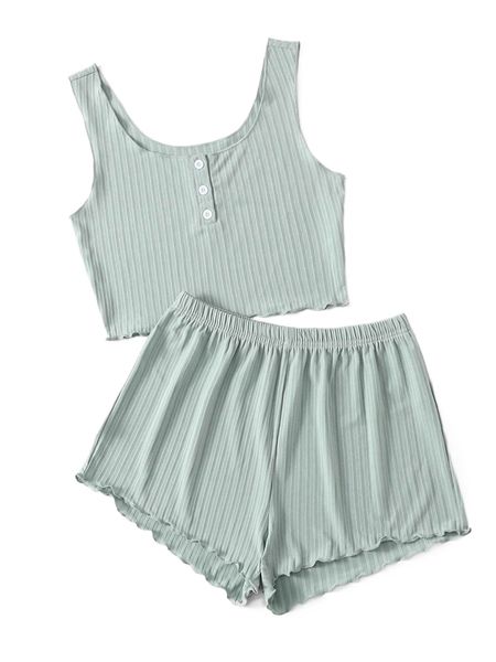 

button front lettuce trim rib-knit pj set z3cq#, Black;red