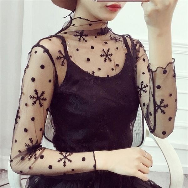 

mesh t shirt harajuku see through tee hollow out transparent long sleeve shirt dot star sheer t-shirt female 220516, White