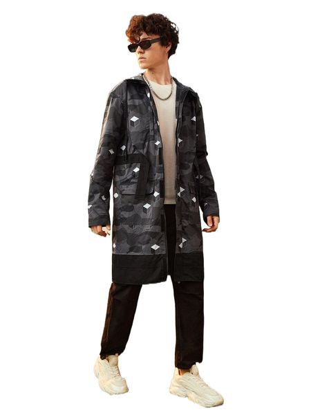 

x popinstadart men geo & camo print flap pocket hooded coat p7ap#, Black;brown