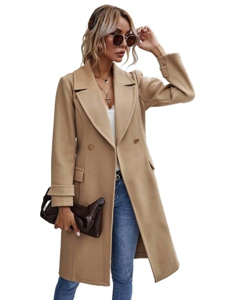 

double button lapel collar self tie overcoat f5ea#, Black