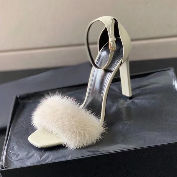 Pelliccia con cinturino alla caviglia in pelle Sandali con tacco alto Capelli di visone Stiletto nudo Tacchi Avvolgere alla caviglia Scarpe da festa da donna 10,5 cm Scarpe da cena Designer di lusso Calzature di fabbrica