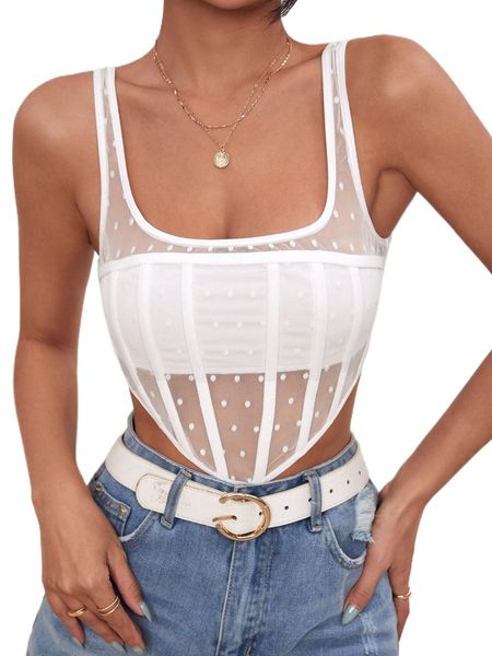 

swiss dot hanky hem mesh tank v51c#, White