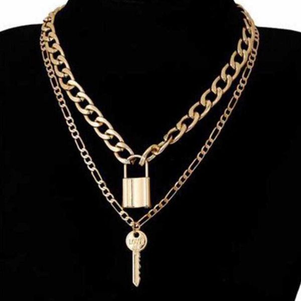 Charme 1pc Link Chain Chaker Colar Colar Punk Multilayer Padlock Key Colar Pingente Longo para Mulheres Jewlery308z