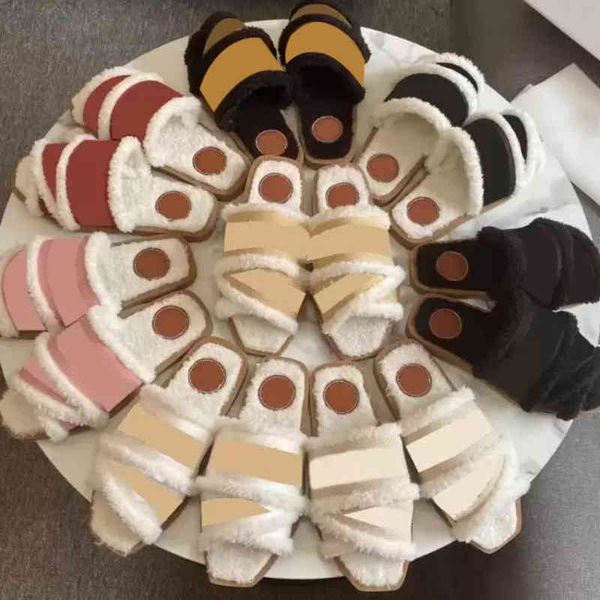 

slippers women ladies wool slides winter warm letters sandals comfortable fuzzy style thick plush concise fluffy shoes size, Black