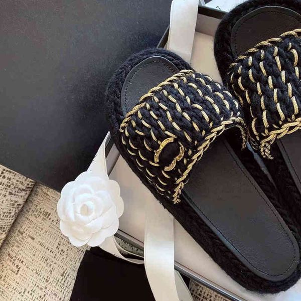 

slippers style small fragrance leather woven thick bottom slippers versatile flat flip flops casual net red shoes, Black