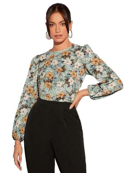 

floral print lantern sleeve blouse d8dy#, White