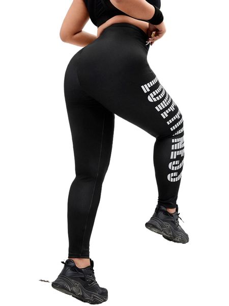 

plus letter graphic sports leggings u8j1#, Black