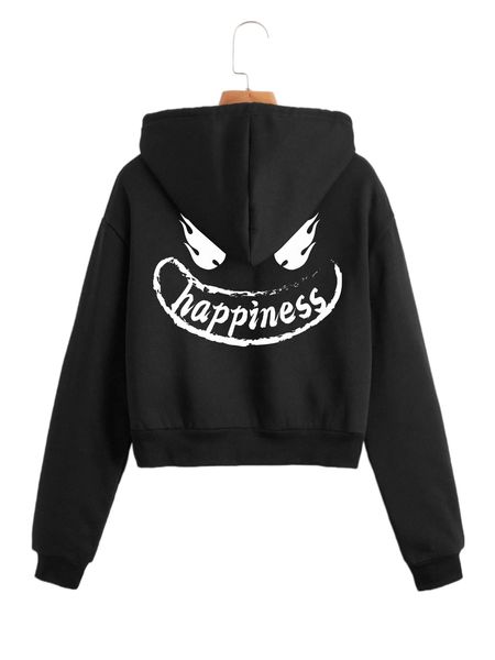 

cartoon and letter graphic drawstring thermal crop hoodie g5ob#, Black