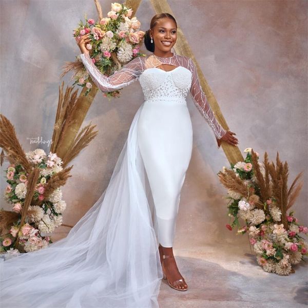 

african wedding dresses for women lace long sleeve bridal gowns with detachable skirt beading custom made vestido de novia, White