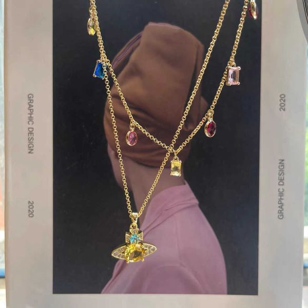 

the daughter of vacation vivian diamond double-layer necklace saturn 18k copper plated real gold lock bone chain, Silver