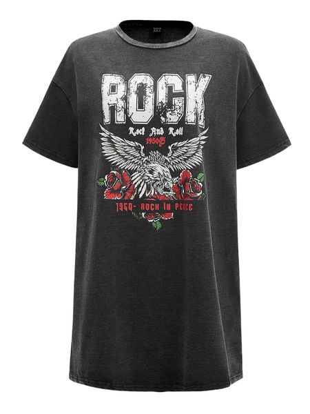 

letter & eagle print drop shoulder tee dress n5fd#, Black;gray