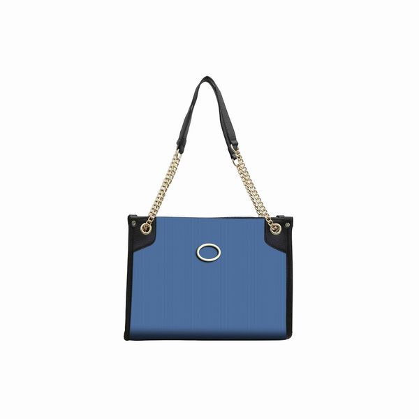 Nuove borse a tracolla in tela blu da donna Borsa tote grande Materiale ecologico Finiture in pelle nera Tracolla a catena in metallo Chiusura con zip