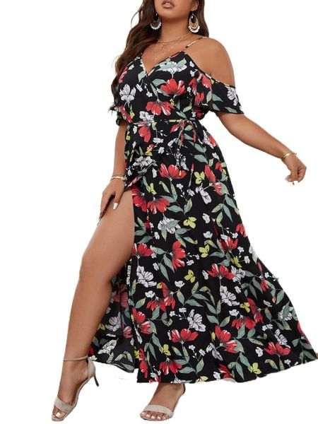 

plus floral print cold shoulder split thigh dress t7m5#, Black