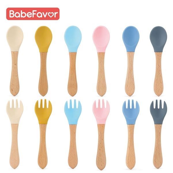 

wooden handle silicone spoon and fork set baby feeding utensils kid training eat solid food dishes children spoon fork tableware 220715