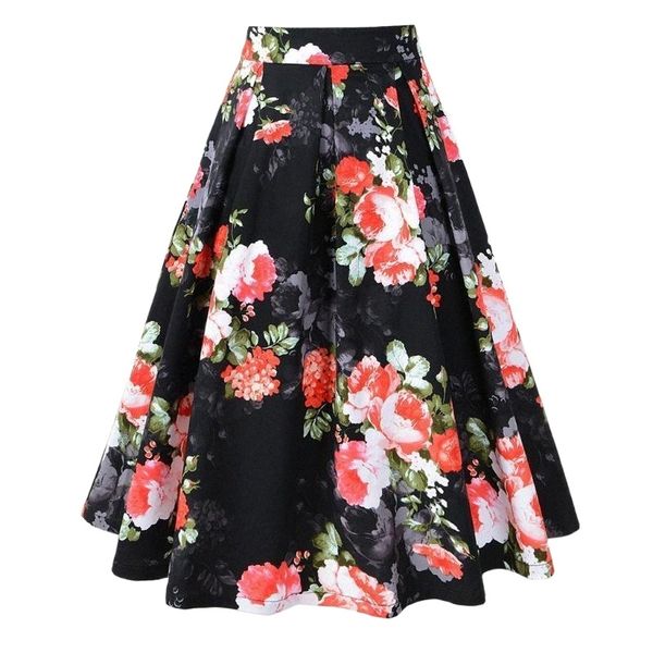 

skirts women vintage pleated skirt pockets floral a-line printed mid clothing female jupe femme womens faldas summer 2022 v1hb#, Black