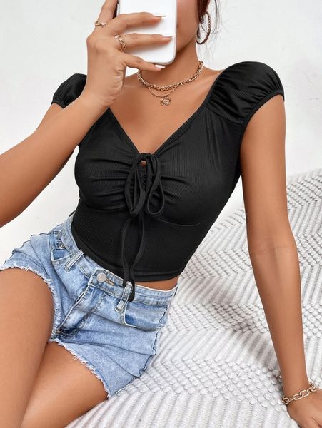 

knot front ruched bust crop tee y1nb#, White