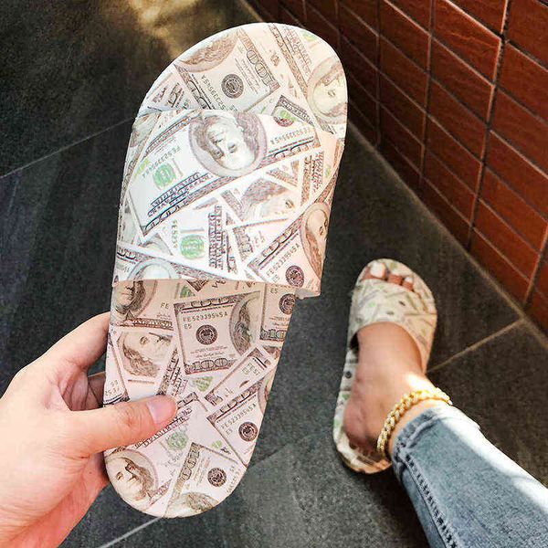 

fashion new women men slippers summer beach flip flops flat slides money usd dollar design luxury ladies slides wholesale y220719, Black