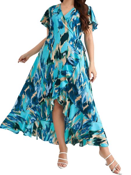 

plus allover print flutter sleeve ruffle trim tie side wrap dress m0zq#, Black