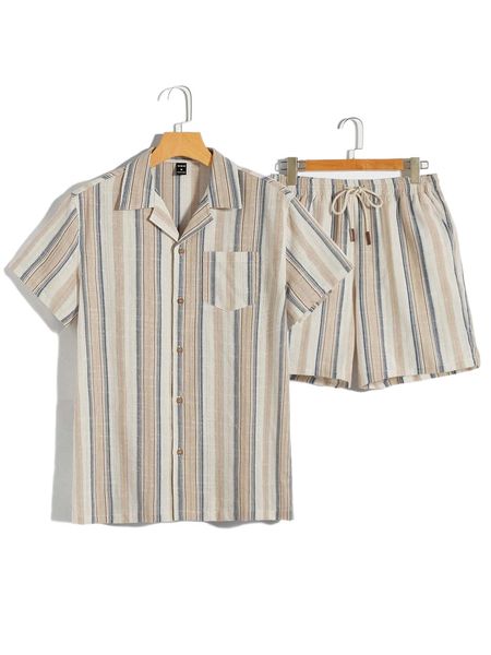 

men striped lapel neck pocket patched blouse & drawstring waist shorts y54n#, Gray