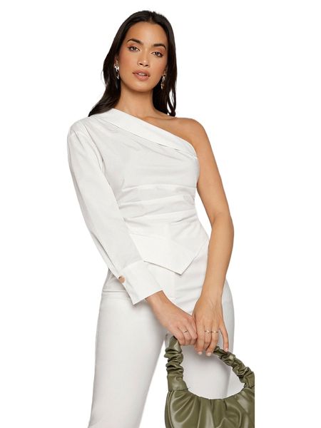 

solid one shoulder hanky hem blouse n4uk#, White
