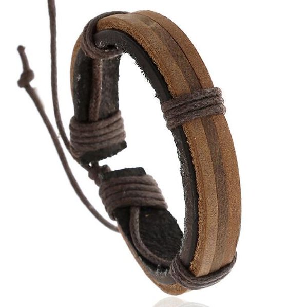 

nightclub hip hop man woman cowhide bracelet double deck 100% genuine leather bracelet adjustable wax thread weave, Golden;silver