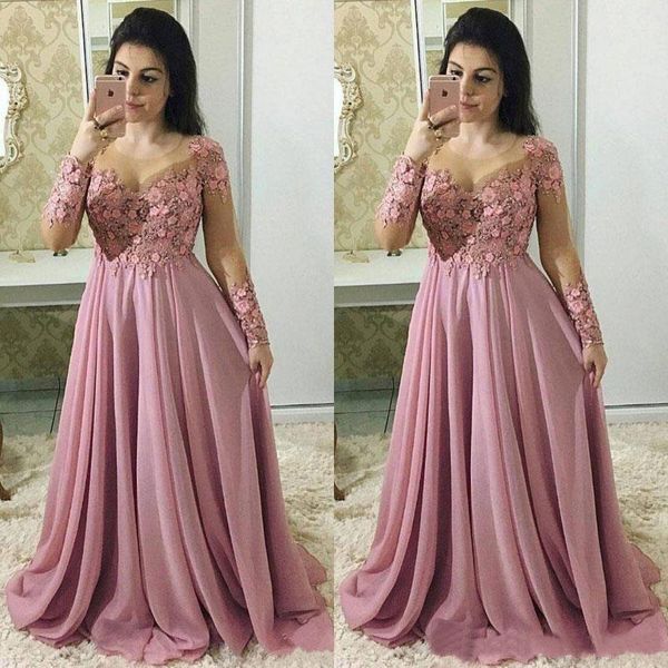 2022 Lange Ärmel Staubrosa Kleider für die Brautmutter, Juwelenausschnitt, Illusion, Spitze, Applikationen, Blumen, Chiffon, Party, Abend, Hochzeit, Gastkleid