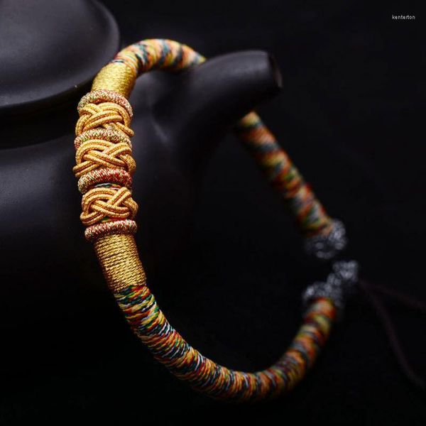 Braccialetti con ciondoli Semplice Streamer a cinque colori Vento nazionale Stile tibetano Multicolore Nodo cinese Corda a mano Bracciale intrecciato Donna Kent22