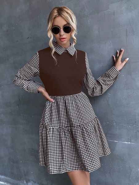 

gingham print ruffle hem dress 46xx#, Black;gray