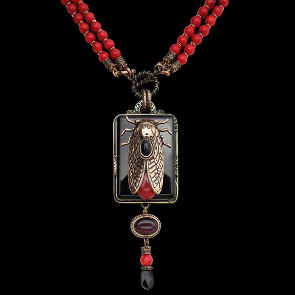 

pendant necklaces amorita boutique vintage design cicada keratoisis natural red sea bamboo beads agate necklace331a, Silver