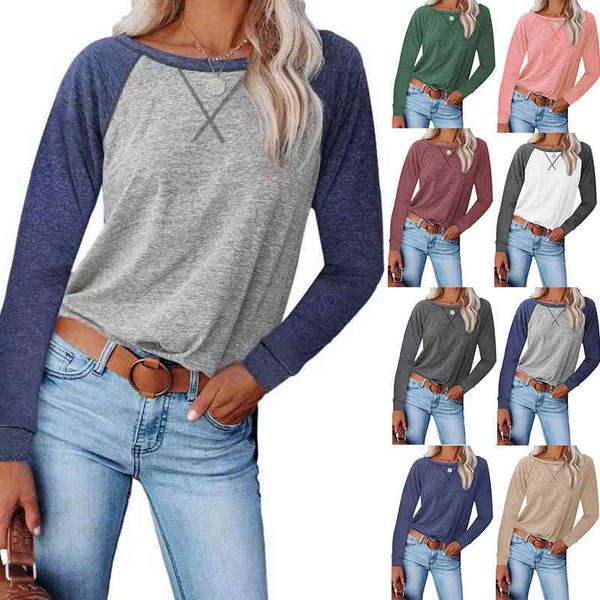 

women's t-shirt 2022 autumn women's color contrast cross loose long sleeve casual t-shirt tkgc, White